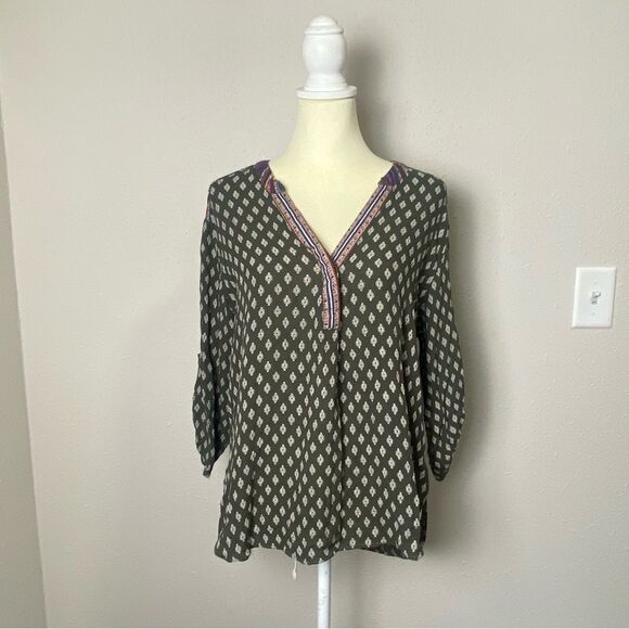 Angie Boho Casual Mixed Media Popover Roll Tab Sleeve Blouse Women's Size Small - Picture 4 of 15